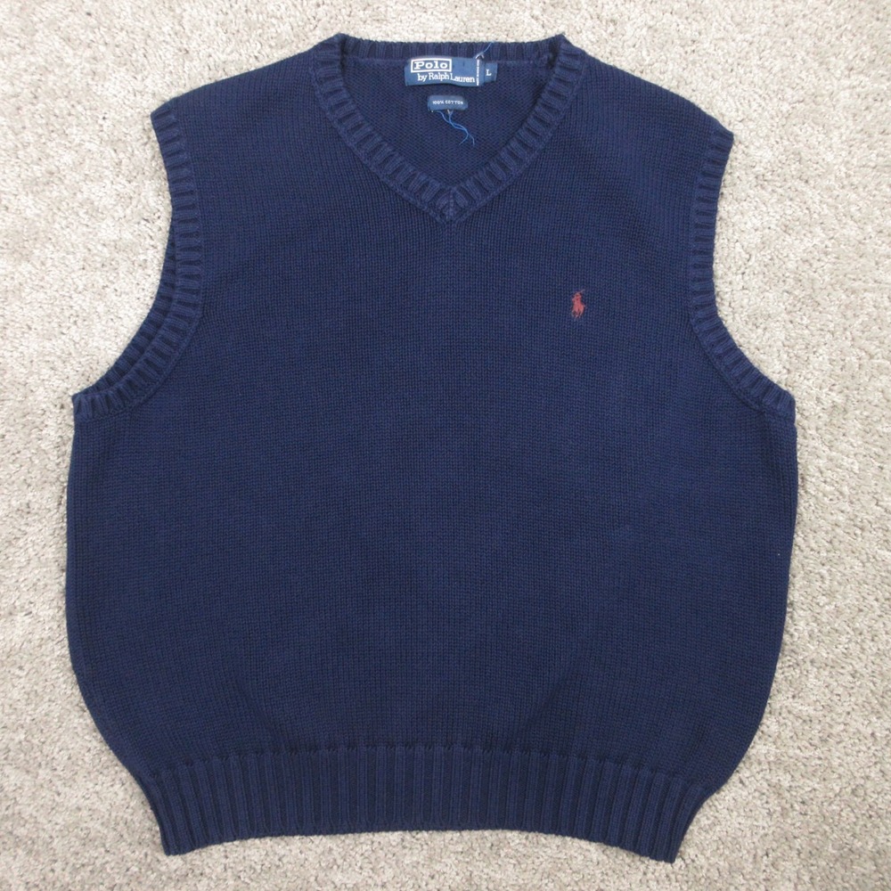 Vintage Polo Ralph Lauren Sweater Mens Large Blue Knit Vest Red Pony Cotton